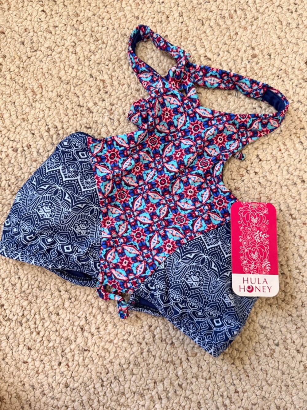 Hula Honey Bikini Top Size M Blue Pink Boho Halter Swim Top‎ NWT